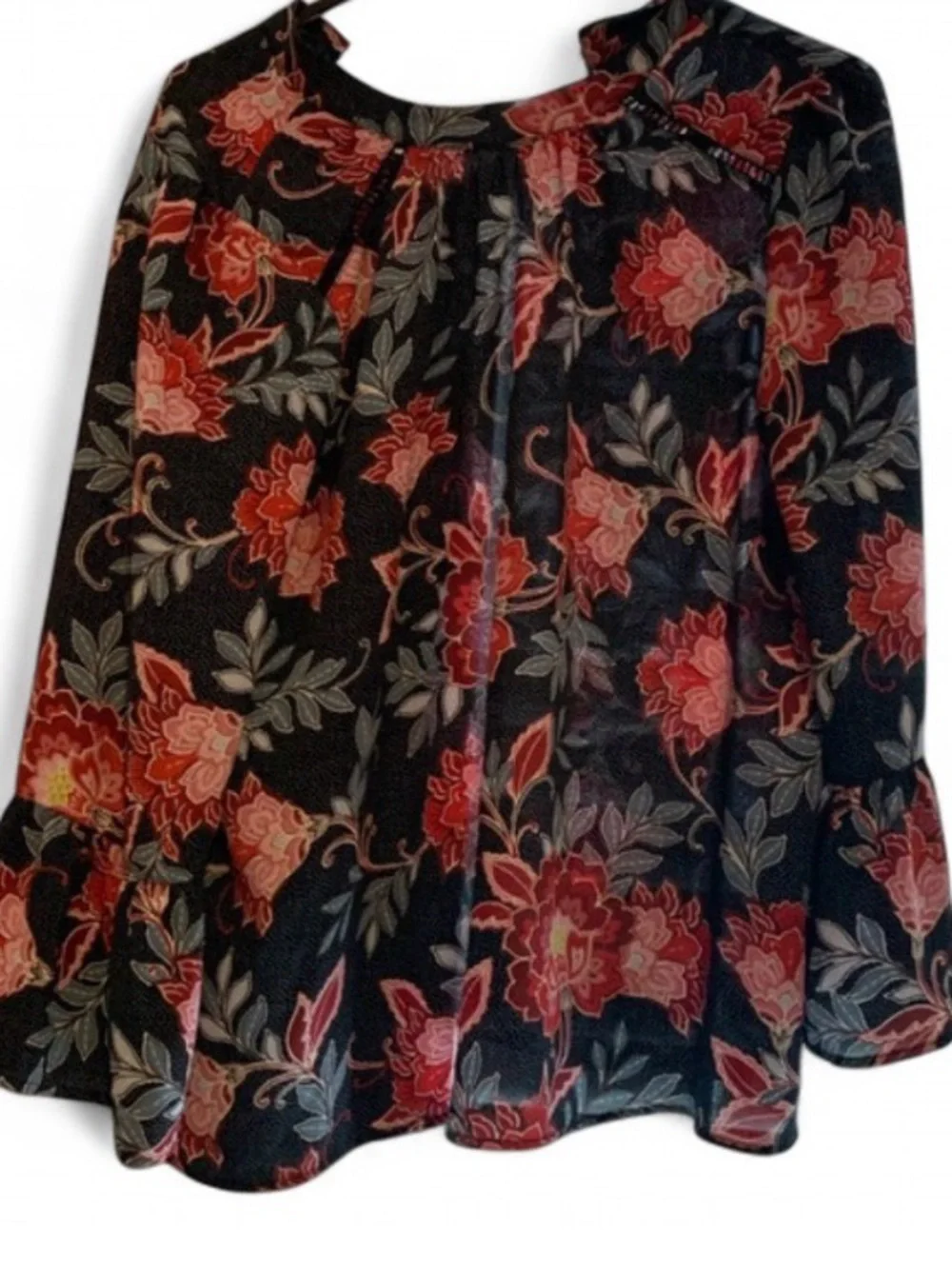 LOFT Black Floral Long-Sleeve Blouse with Pink and Blue Flowers - Picture 3 of 4